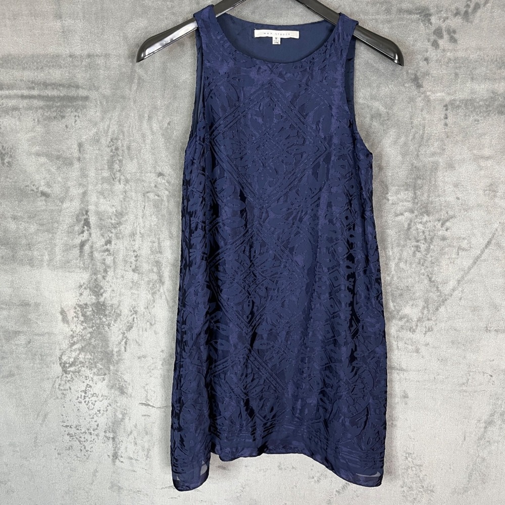 Max Studio Shift Dress Medium Blue Burnout Velvet Floral Sleeveless Lined Y2K
